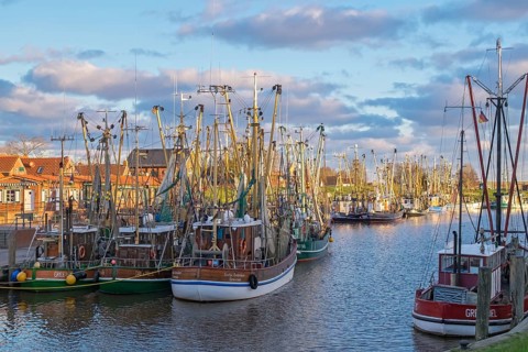Crab cutter in the harbour of Greetsiel, the largest cutter fleet in East Frisia, Greetsiel, East
