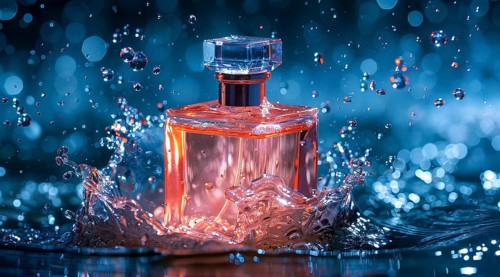 Bottle of expensive luxury perfume in splashes of water. Present for fathers or mothers day, AI