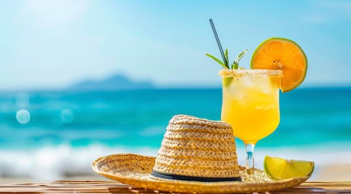 Straw hat and cocktail on a beach. A concept of relaxing caribbean vacation near the ocean, AI
