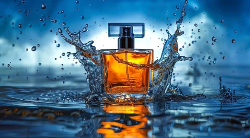 Bottle of expensive luxury perfume in splashes of water. Present for fathers or mothers day, AI