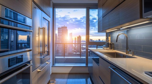 Modern kitchen with a stainless steel refrigerator and oven. Home renovation and upgrades, AI