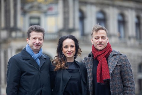 Stephanie Stumph and Tom Wlaschiha and Wolf-Dieter Jacobi, Chairman of the Semper Opera Ball e.V. -