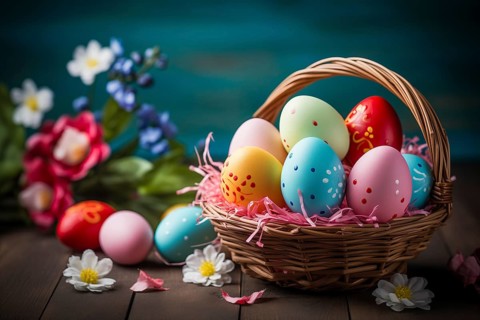 Easter celebration, featuring a collection of brightly colored eggs, each intricately painted with