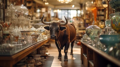 Very large bull with horns in a China shop filled with glassware. generative AI, AI generated
