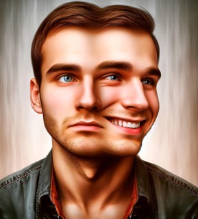 Split personality, a young man with two faces, one laughing and one serious, symbolic image Janus