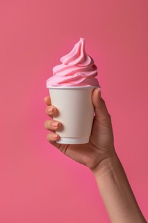 Hand holding pink ice cream in cup. KI generiert, generiert, AI generated