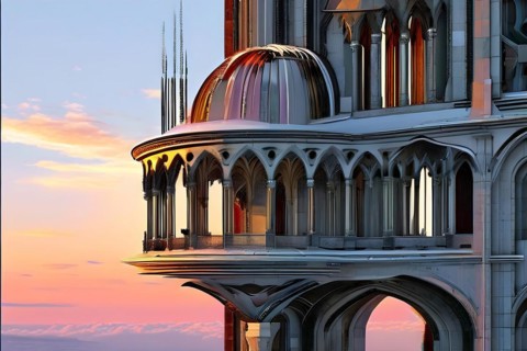 KI generated architectural structure melding computer aided design illustrations with genuine
