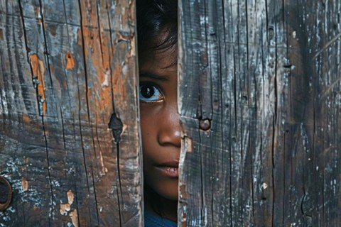 Close up of girl child peeking through hole in wooden wall. KI generiert, generiert, AI generated