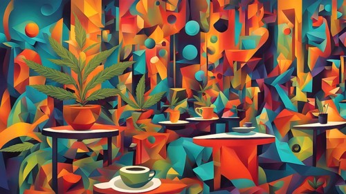 Abstract composition of a cannabis cafe with ambiance bold contrasting colors and playful shapes,