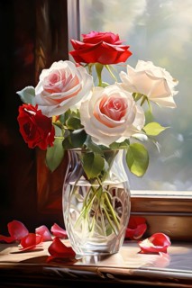 Transparent crystal glass vase with white and red blooming roses, AI generated