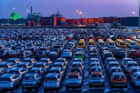 Car terminal in the Logport I inland port, in Duisburg on the Rhine, vehicle handling of new cars,