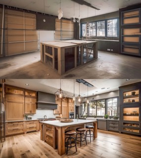 Luxurious custom kitchen upgrade interior before and after construction, generative AI, AI