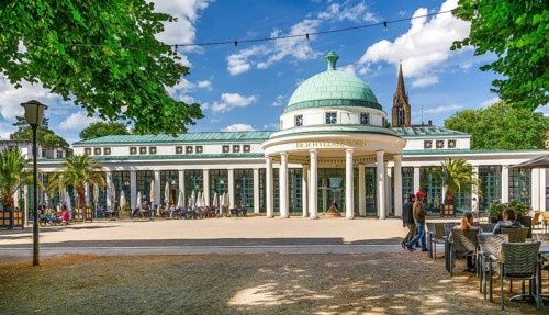Fountain courtyard with spring temple and foyer, spa town of Bad Pyrmont, Lower Saxony state spa,