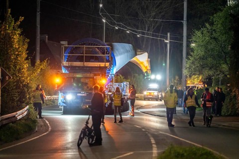 Transport of a 68 metre long, 22 tonne blade of a wind turbine, here in Schwelm, with a