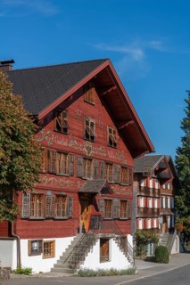 Schwarzenberg, Bregenz district, Bregenzerwald, historic inn from 1765, façade, wooden house,