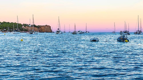 Sailing yachts at the blue hour in the bay of Talamanca, Eivissa, Ibiza Town, Ibiza, Balearic