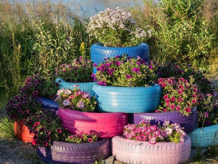 Rest stop, rest area, at the Mefjord, flowers planted in old tires, blomstering, island Senja,