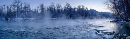 Sunrise on the Isar, Isar floodplains in winter, near Arzbach, Lenggries, Upper Bavaria, Bavaria,