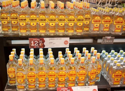 Close up of bottles of Gordon´s gin in the Duty Free shopping lounge in Malaga airport, Spain,