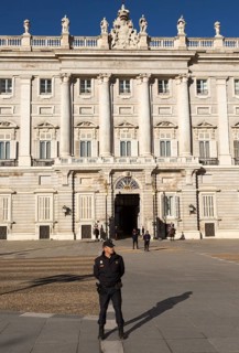 Police and soldiers in front of Palacio Real royal palace, Madrid, Spain, Europe