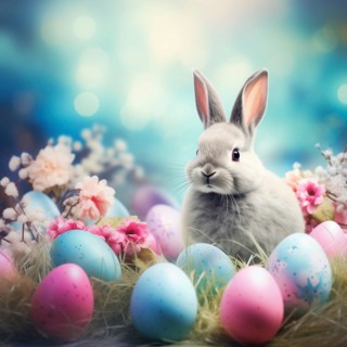 Cute Easter bunny sits beside colorful, decorated eggs amidst a vibrant green field under the