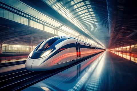 Modern high speed train in a futuristic train station. Modern transportation technology, speed,