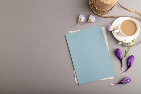 Blue paper sheet mockup with spring snowdrop crocus and galanthus flowers and cup of coffee on gray
