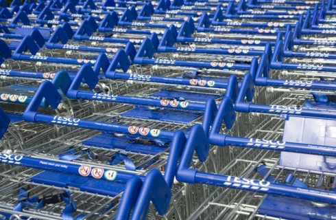 Stacked Tesco shopping trolleys, UK