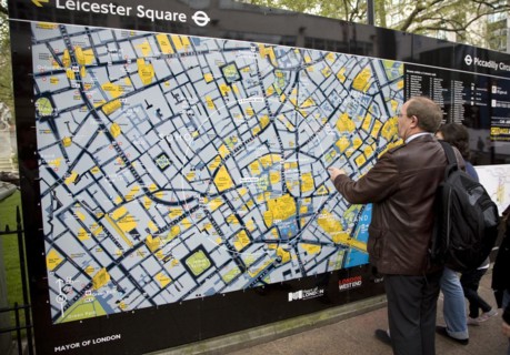 Large location map for tourists, Leicester Square, London, England, UK