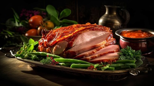 Succulent honey ham with vegetables meal, generative AI, AI generated