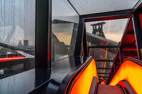 Zeche Zollverein, rainy day, view of the double headframe of shaft XII, through rain-soaked