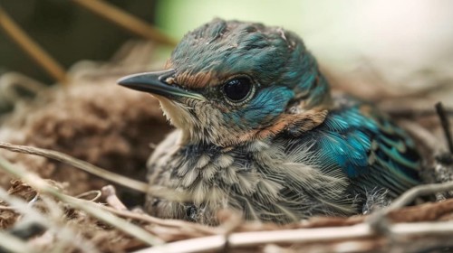 Cute newborn blue bird in nest, generative AI, AI generated