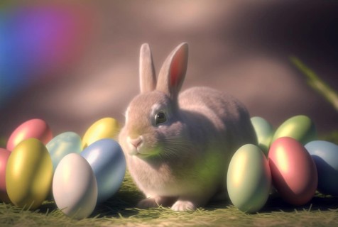 Cute bunny sitting next to several colorful easter eggs, generative AI, AI generated