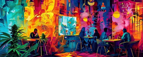 Abstract composition of a cannabis cafe with ambiance bold contrasting colors and playful shapes,