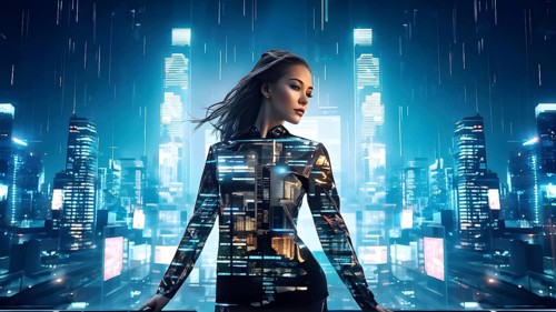 Digital representation of a multiple exposure photograph featuring a cyber human and an urban