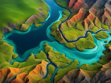 Aerial view perpendicular top down of an abstract colorful river along the coastline, AI generated