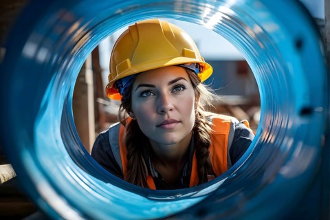 Portrait of a female construction worker with a yellow helmet, AI generated
