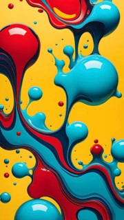 Abstract image with vibrant blue and red blobs and liquid shapes on a yellow background, AI