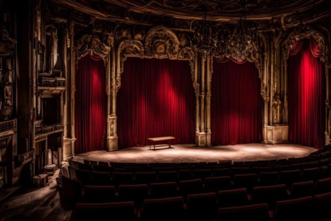 Abandoned theater with tattered seats and an empty stage, AI generated