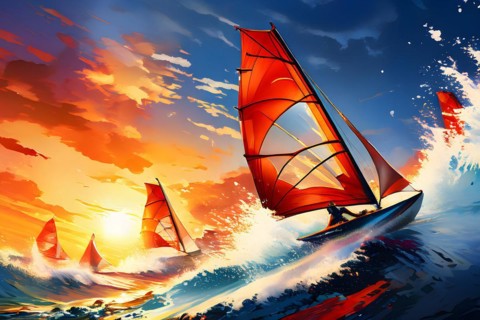 Abstract digital render of olympic sailers morphing into fluid shapes, AI generated, Paris, Paris,