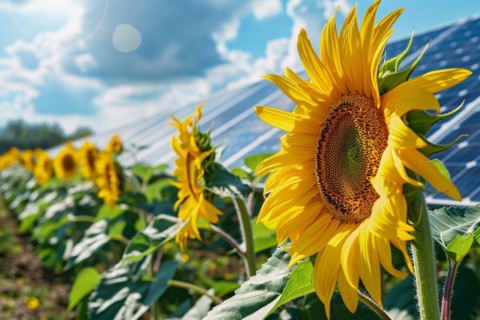 Sunflowers with pohotovoltaic solar cells. KI generiert, generiert, AI generated