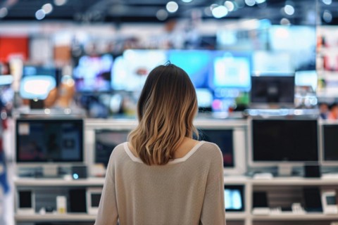 Back view of woman in electronics store. KI generiert, generiert, AI generated