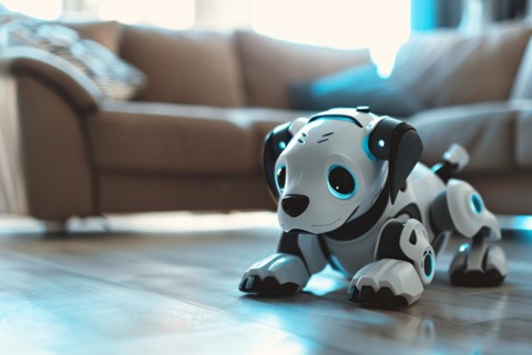Cute robotic dog on livingr oom floor. KI generiert, generiert, AI generated