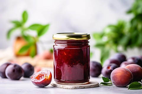 Jar with plum jam or marmelade. KI generiert, generiert, AI generated