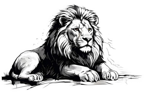 Black and white line art lion, AI generated