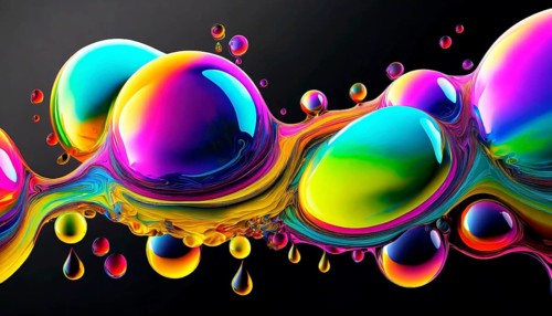 Colourful iridescent plastic bubbles and drops filled with oily liquids, 3D, digital art, AI