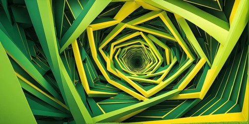 Abstract geometric pattern tunnel structure embodying data streams and communication in green hues,
