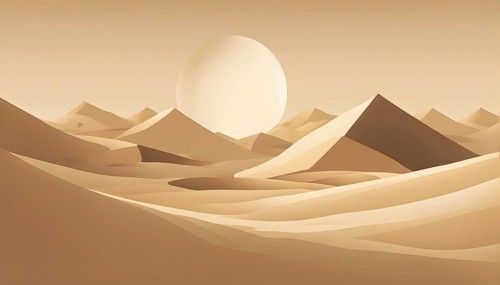 Abstract desert scene with triangular sand dunes and a single circular sun, using sharp lines and