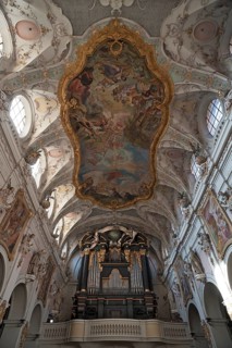 Rockoko interior with organ loft and ceiling vault of the Basilica of St Emmeran, Regensburg, Upper