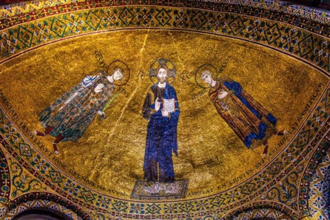 Blessing of Christ, flanked by the martyrs Giusto and Servolo, 12th century, Byzantine mosaic, left